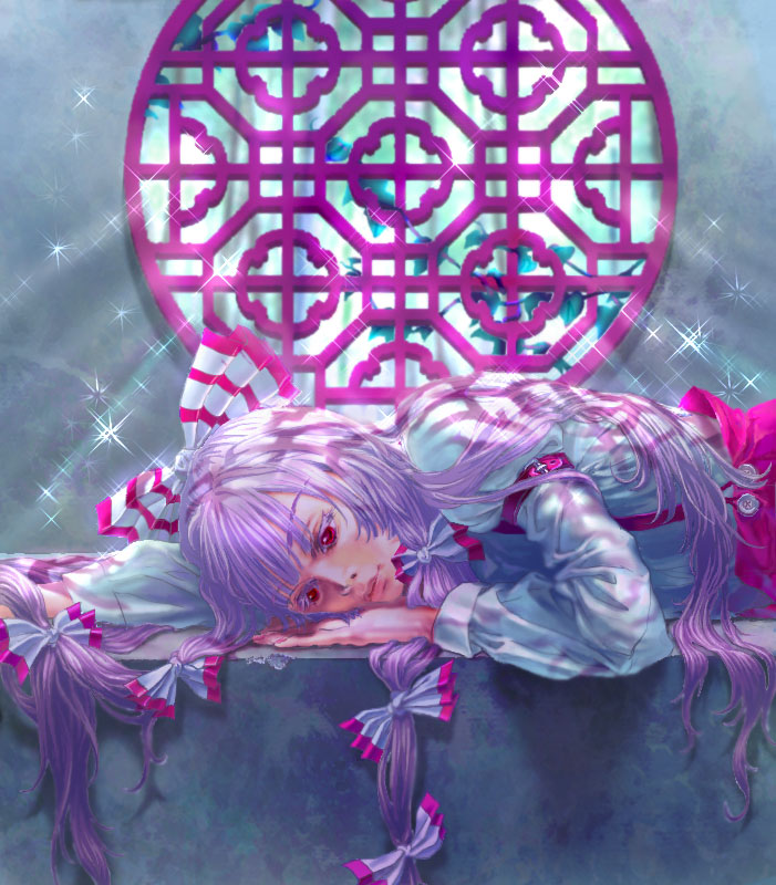 meg3lk, fujiwara no mokou, touhou, silver hair, bad id, bad pixiv id, 1girl, bow, female focus, hair bow, hair ribbon, long hair, lying, multiple hair bows, red eyes, ribbon, solo