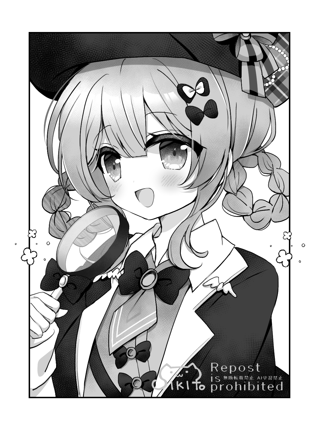 shikito (yawa0w0), tachibana sherry, mahou shoujo no majo saiban, highres, 1girl, :d, blush, bow, braid, collared shirt, deerstalker, greyscale, hair between eyes, hair rings, hand up, hat, holding, holding magnifying glass, jacket, long sleeves, looking at viewer, magnifying glass, monochrome, open clothes, open jacket, open mouth, puffy long sleeves, puffy sleeves, shirt, simple background, smile, solo, twin braids, upper body, vest, watermark, white background