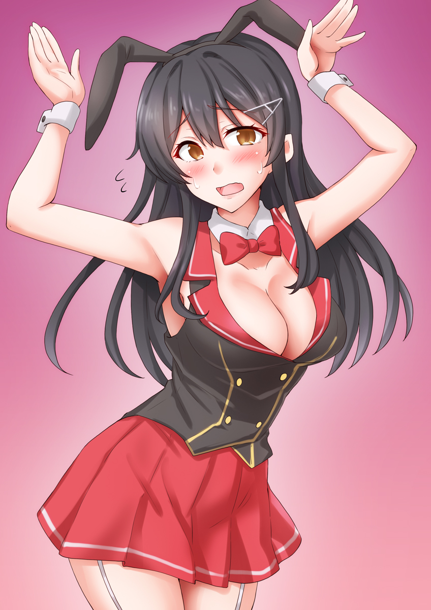 anti (untea9), kana (bunny garden), oyashio (kancolle), bunny garden, kantai collection, highres, 1girl, animal ear hairband, animal ears, black hair, black vest, blush, bow, bowtie, breasts, buttons, cleavage, collared vest, cosplay, detached collar, double-breasted, fake animal ears, gradient background, hair ornament, hairband, hairclip, kana (bunny garden) (cosplay), large breasts, long hair, looking at viewer, nontraditional playboy bunny, open mouth, pink background, playboy bunny, rabbit ear hairband, rabbit ears, rabbit pose, red bow, red bowtie, red skirt, skirt, solo, vest, white wrist cuffs, wrist cuffs
