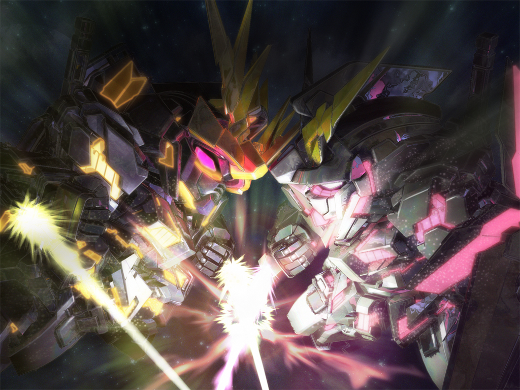a mituhashi, unicorn gundam, unicorn gundam banshee, gundam, gundam unicorn, battle, chibi, energy sword, mecha, nt-d, robot, sword, weapon