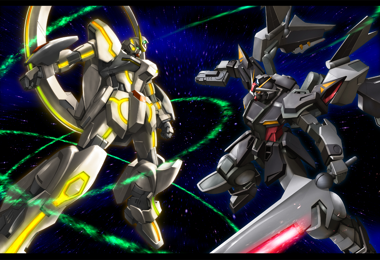 zb (dawn-blue), gundam stargazer, strike noir, gundam, gundam seed, gundam seed c.e. 73: stargazer, 00s, battle, beam rifle, energy gun, energy sword, gun, handgun, mecha, robot, space, sword, weapon
