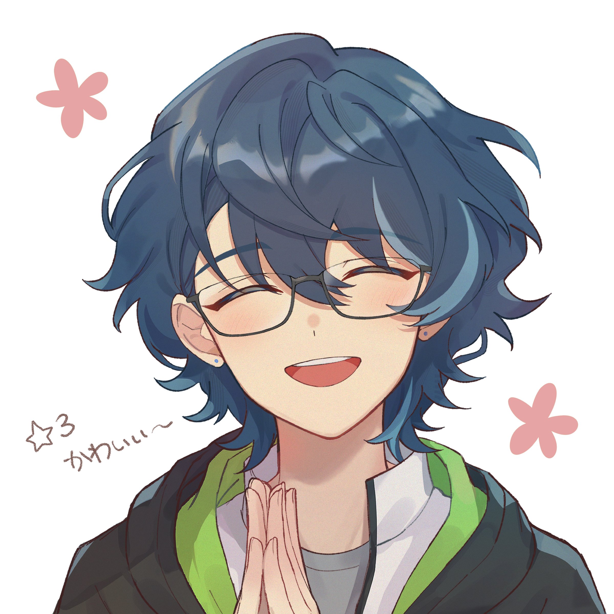 aoba tsugumi, ensemble stars!, absurdres, highres, 1boy, blue hair, closed eyes, facing viewer, flower, glasses, hair between eyes, hands up, hood, hood down, hooded jacket, jacket, male focus, multicolored hair, open mouth, shioina (s 87ganbaru), short hair, simple background, smile, solo, streaked hair, teeth, two-tone hair, upper body, upper teeth only, white background