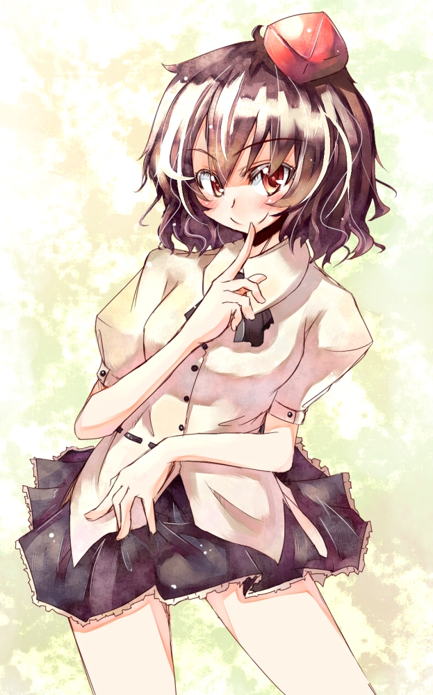 tora, tora (torayarou), shameimaru aya, touhou, 1girl, blush, female focus, finger to mouth, hat, looking at viewer, smile, solo, tokin hat
