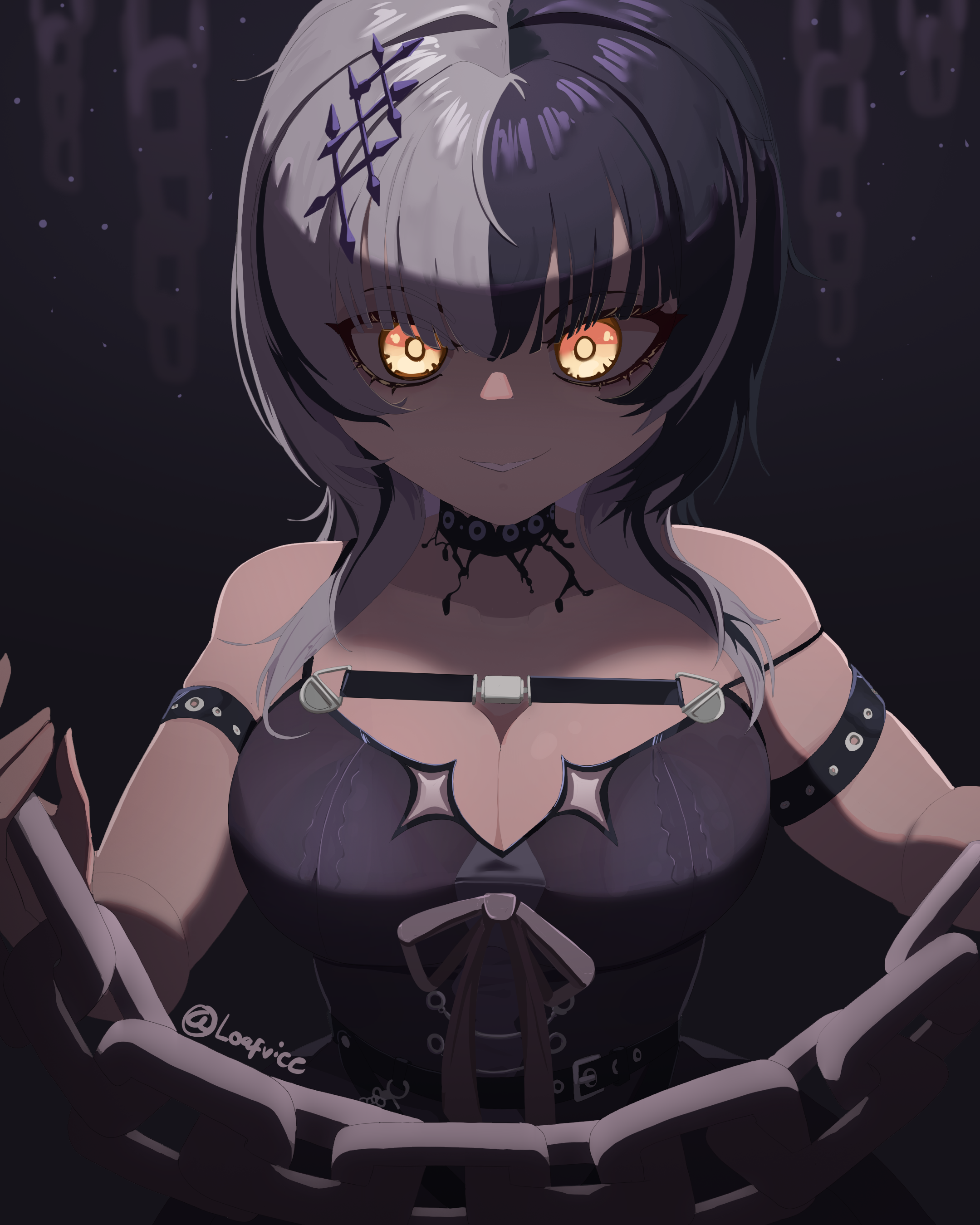 shiori novella, shiori novella (1st costume), hololive, hololive english, absurdres, commentary, english commentary, highres, 1girl, arm strap, artist name, black choker, black dress, black hair, breasts, chain, choker, cleavage, dress, grey hair, grey ribbon, holding, holding chain, large breasts, loafviee, long hair, looking at viewer, multicolored hair, solo, split-color hair, two-tone hair, virtual youtuber, yellow eyes