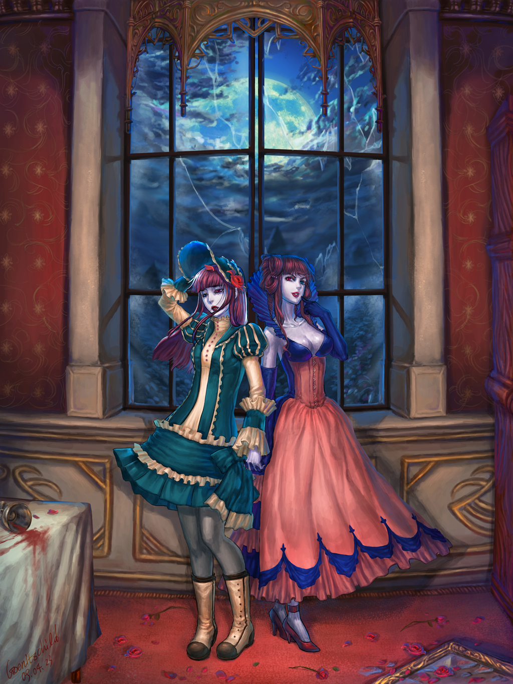 goenitzchild, loretta lecarde, stella lecarde, castlevania: portrait of ruin, castlevania (series), european clothes, bad id, bad pixiv id, highres, 2girls, blood, bonnet, boots, breasts, broken glass, broken mirror, chalice, cleavage, cloud, cup, dress, elbow gloves, flower, forest, frills, glass, gloves, heterochromia, high heels, large breasts, lips, lipstick, long hair, makeup, mirror, moon, moonlight, multiple girls, nature, pale skin, pantyhose, petals, purple hair, rose, shoes, siblings, signature, skirt, sky, spill, table, twins, vampire, window