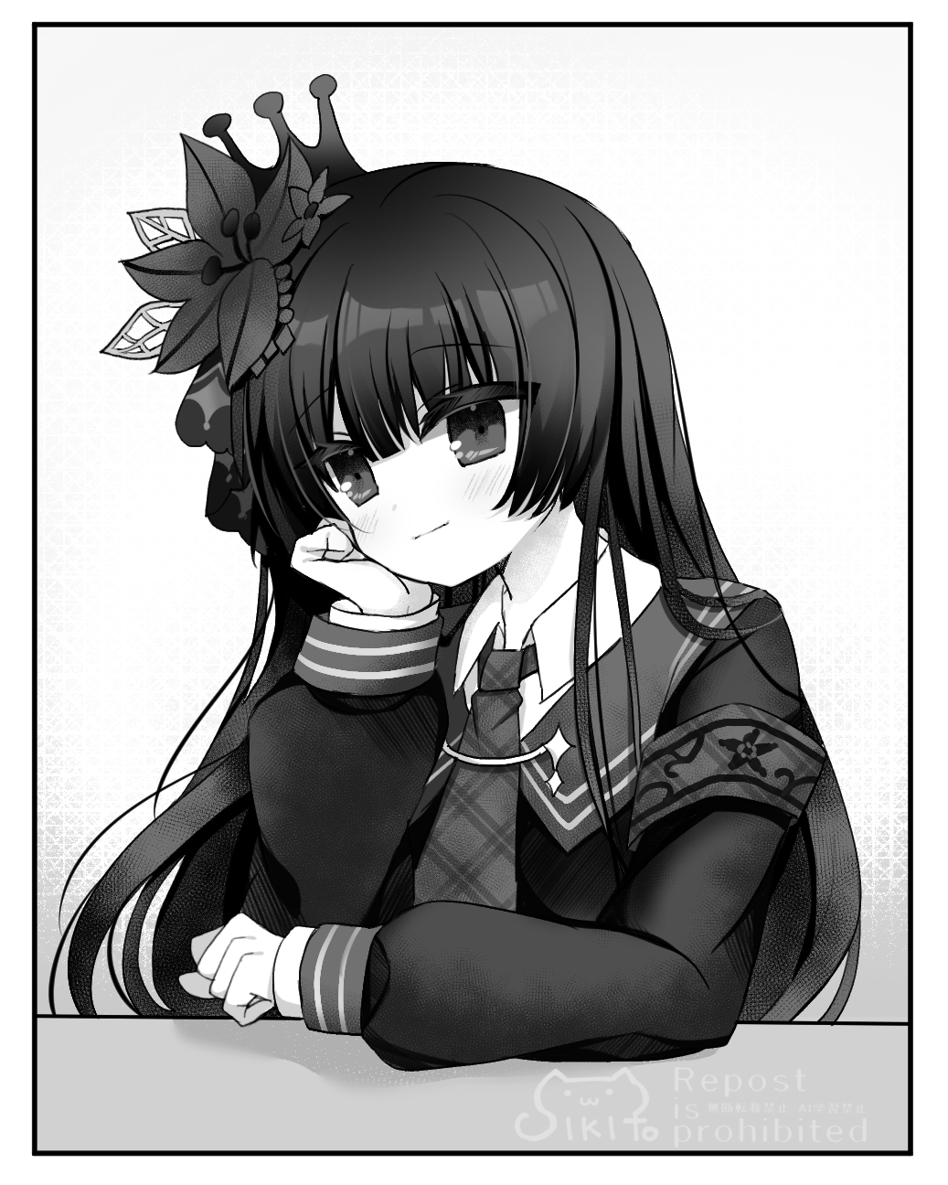 shikito (yawa0w0), nikaido hiro, mahou shoujo no majo saiban, highres, 1girl, armband, closed mouth, collared shirt, flower, grey background, greyscale, hair flower, hair ornament, hand up, jacket, long hair, long sleeves, monochrome, necktie, plaid clothes, plaid necktie, puffy long sleeves, puffy sleeves, shirt, simple background, smile, solo, upper body, watermark