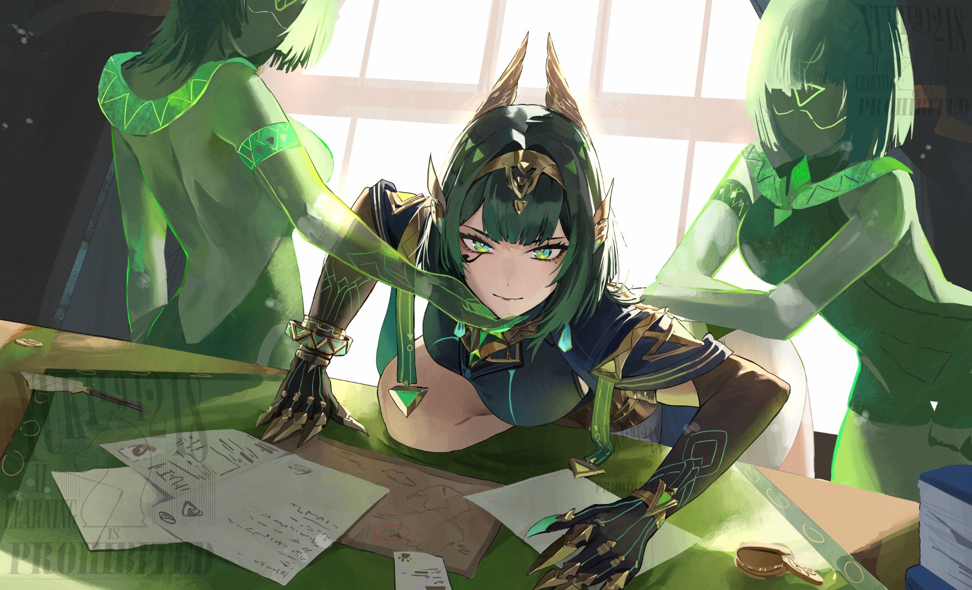 yukii91218, nefer (genshin impact), genshin impact, commentary, duplicate, highres, 3girls, black gloves, book, breasts, claw ring, closed mouth, coin, desk, elbow gloves, eye tattoo, gloves, green eyes, green hair, hair ornament, indoors, large breasts, leg up, looking at viewer, mole, mole under eye, multiple girls, paper, short hair, smile, solo, tattoo, watermark, window