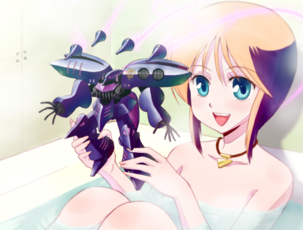 ootaka narumi, elpeo puru, qubeley, qubeley mk ii, gundam, gundam zz, 1girl, bath, bathtub, blue eyes, female focus, happy, jewelry, mecha, necklace, nude, orange hair, robot, solo, steam, toy
