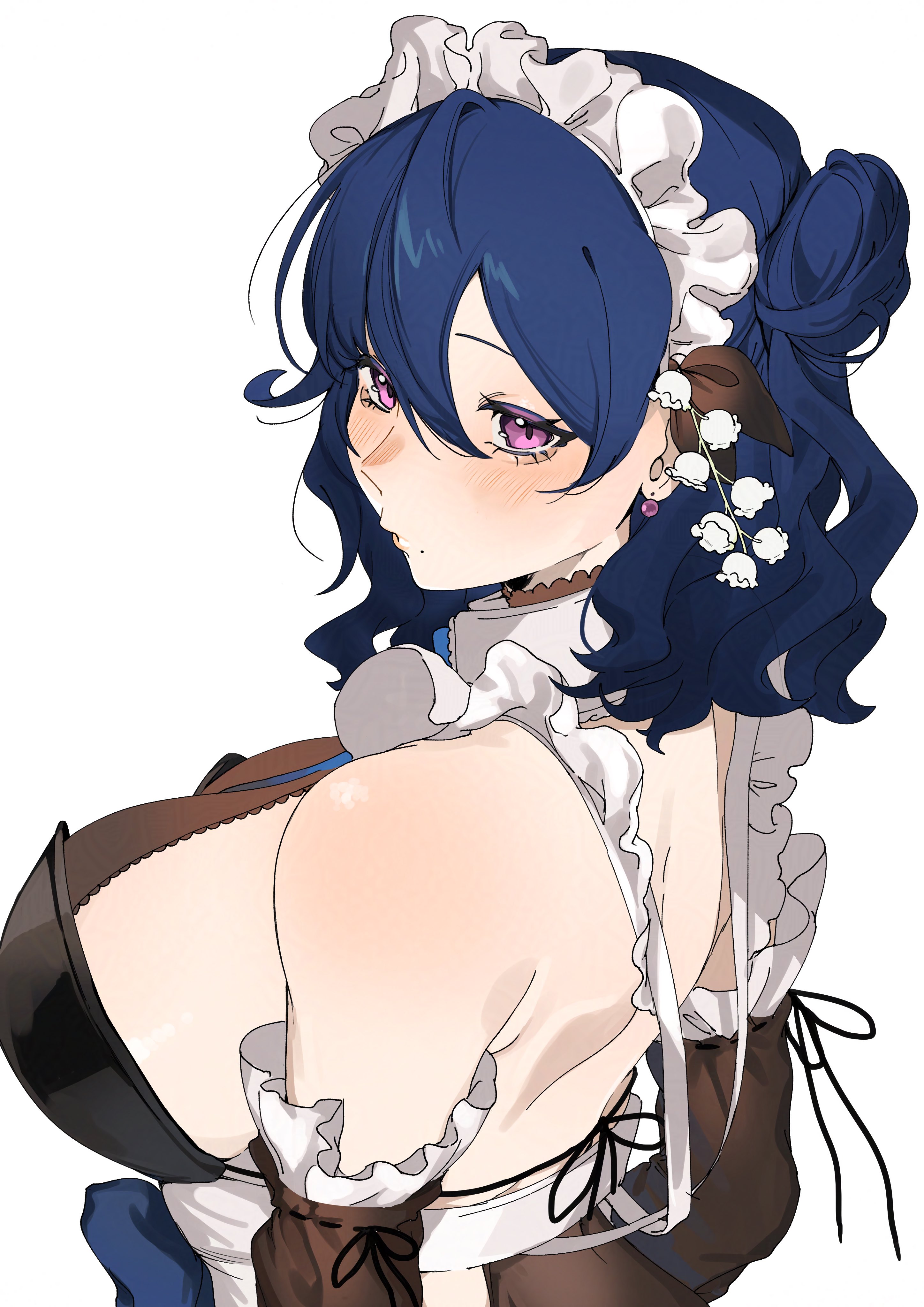 tokiai misao, indie virtual youtuber, absurdres, artist request, commentary request, highres, 1girl, back, black dress, blue hair, breasts, detached sleeves, dress, flower, hair between eyes, hair bun, huge breasts, lily of the valley, maid, maid headdress, mole, mole under mouth, pink eyes, short hair, sideboob, single hair bun, solo, white background, white flower, white headdress