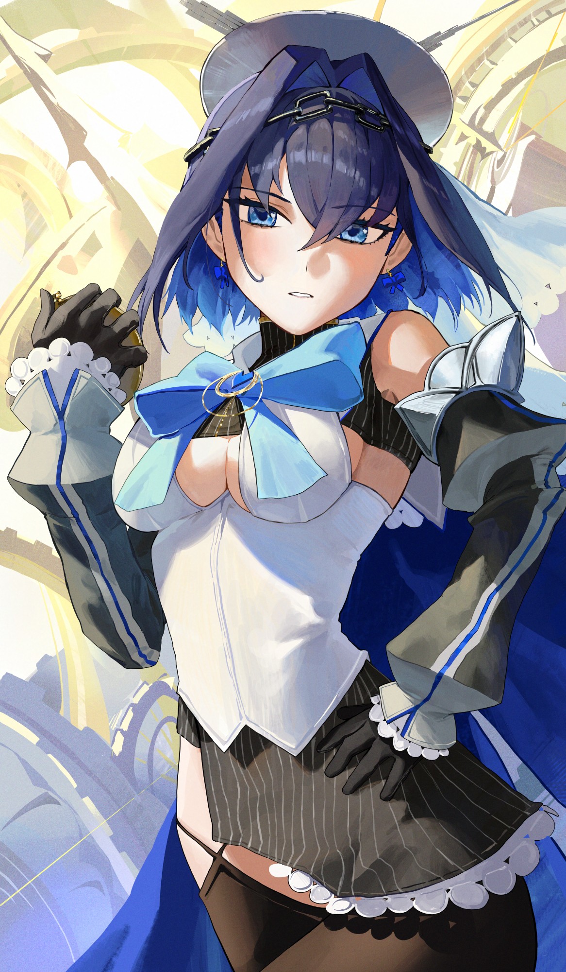 yukii91218, ouro kronii, ouro kronii (1st costume), hololive, hololive english, holopromise, duplicate, highres, 1girl, blue eyes, blue hair, bow, bow earrings, breasts, chain, chain headband, closed mouth, clothing cutout, earrings, fanged bangs, feather hair ornament, feathers, gloves, hair intakes, hair ornament, heart-shaped gem, holding, jellyfish cut, jewelry, planet hair ornament, ribbon earrings, solo, underboob cutout, virtual youtuber