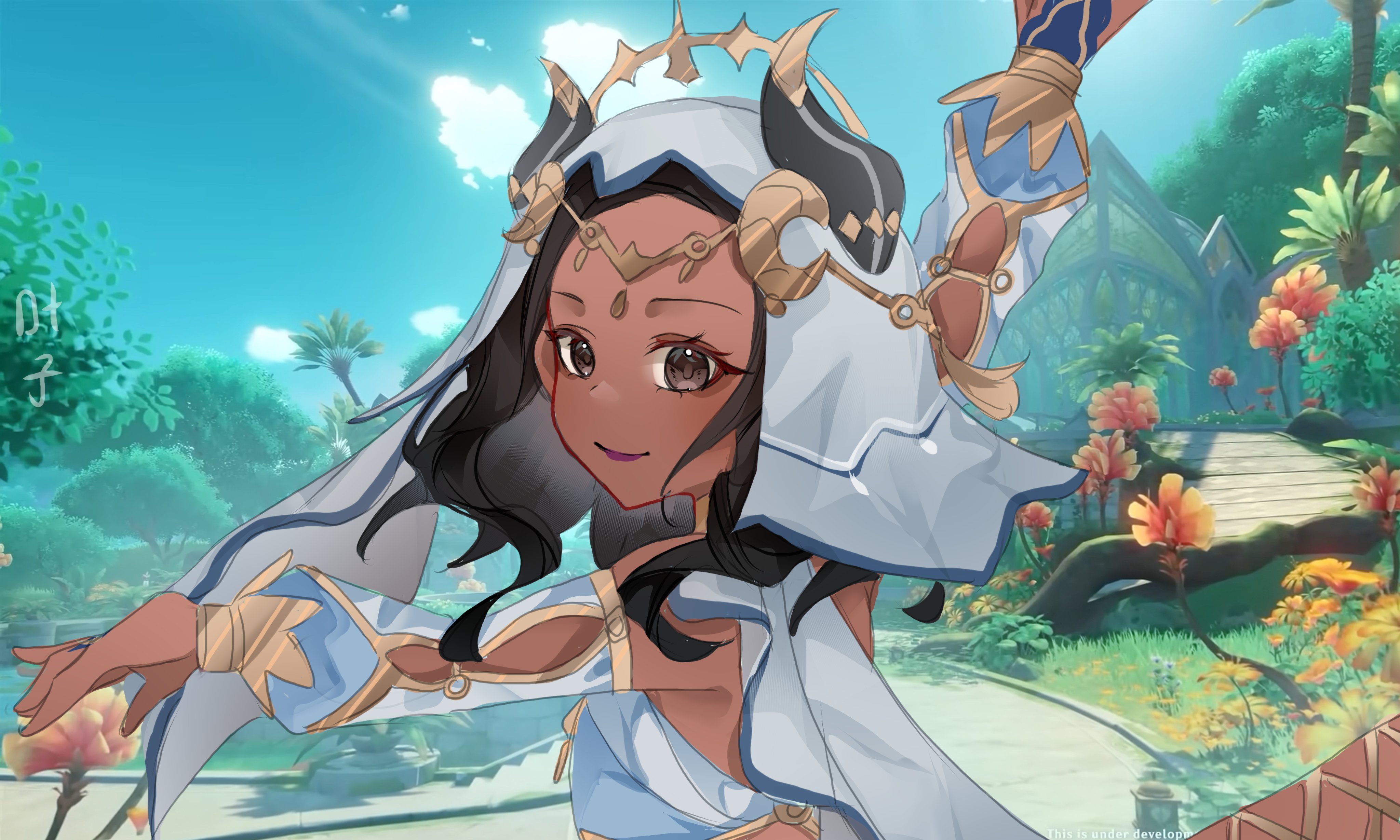 kanako (fuwachu), nilou (genshin impact), genshin impact, absurdres, commentary, english commentary, highres, location request, 1girl, animification, arm up, blue gemstone, blue sky, blush, bracer, breasts, brown hair, circlet, cloud, cosplay, crop top, dancer, dani chambers, dark-skinned female, dark skin, day, detached sleeves, english text, fake horns, flower, game screenshot background, gem, gold trim, harem outfit, horns, in-universe location, jewelry, leaf, lipstick, long sleeves, looking at viewer, makeup, neck ring, nilou (genshin impact) (cosplay), outdoors, puffy long sleeves, puffy sleeves, purple lips, screenshot background, skirt, sky, small breasts, smile, solo, straight hair, sunlight, tree, upper body, veil, voice actor, voice actor connection, white veil