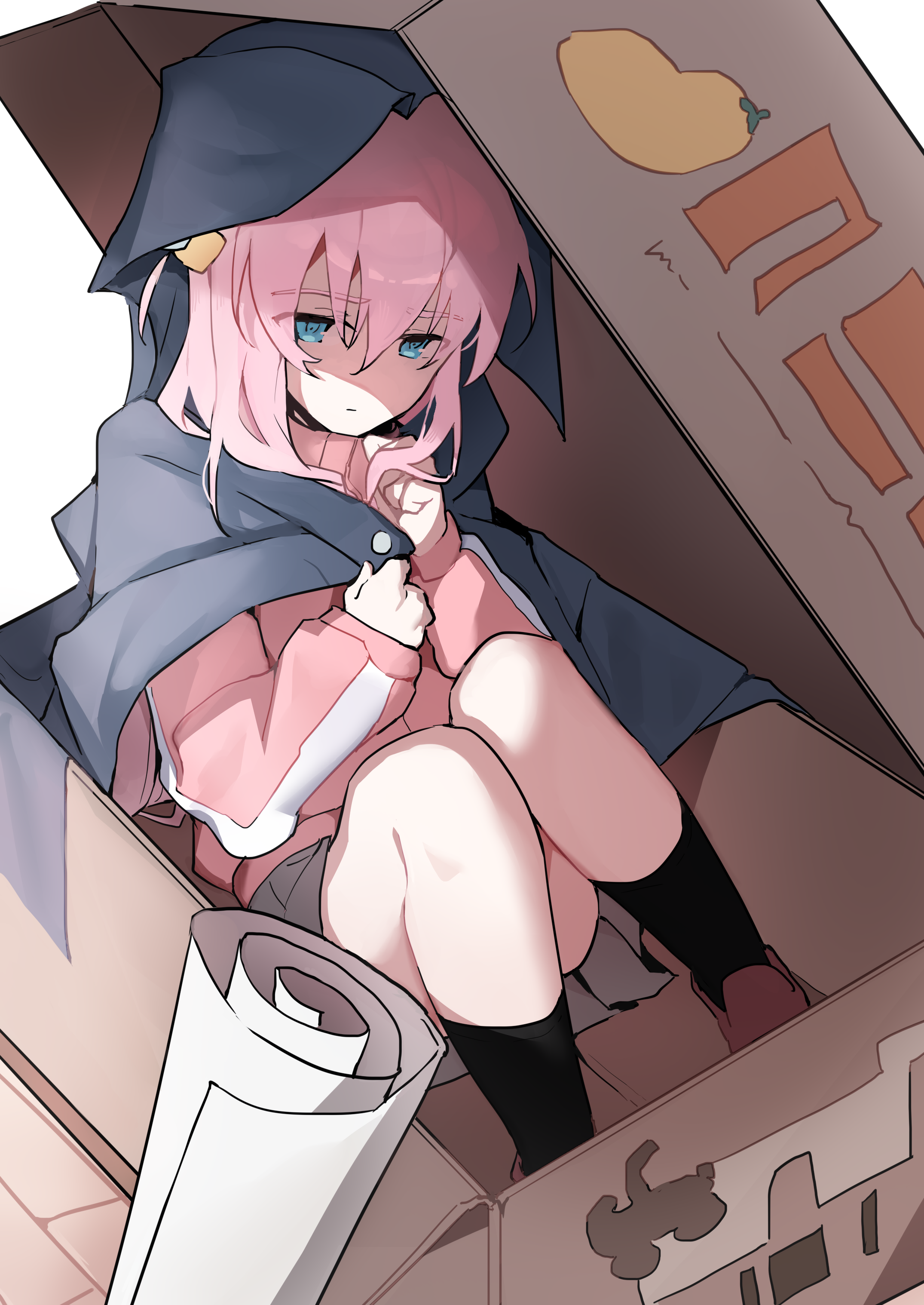 carternanmen, gotoh hitori, bocchi the rock!, absurdres, commentary, english commentary, highres, 1girl, black socks, blue eyes, box, cardboard box, closed mouth, coat, convenient leg, cube hair ornament, expressionless, full body, grey coat, grey skirt, hair between eyes, hair ornament, hands up, in box, in container, jacket, knees up, long bangs, long sleeves, miniskirt, pink hair, pink jacket, simple background, sitting, skirt, socks, solo, track jacket, unworn coat, white background