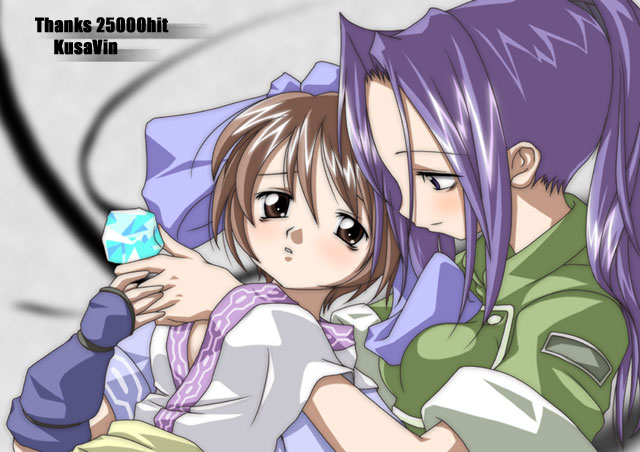19 (nin19), konril, leona heidern, rimururu, samurai spirits, snk, the king of fighters, archived source, commentary request, korean commentary, 2000s (style), anime coloring, blue bow, blue gemstone, blue gloves, blue hair, blue sleeves, blush, bow, breasts, brown eyes, brown hair, collared jacket, curtained hair, elbow gloves, english text, from above, gem, gloves, green jacket, green sleeves, grey background, hair bow, half updo, hand under clothes, jacket, japanese clothes, kimono, large bow, long hair, looking at another, medium breasts, milestone celebration, parted lips, profile, retro artstyle, sash, short hair, short sleeves, sidelocks, sleeve cuffs, smile, teeth, white kimono, yellow sash