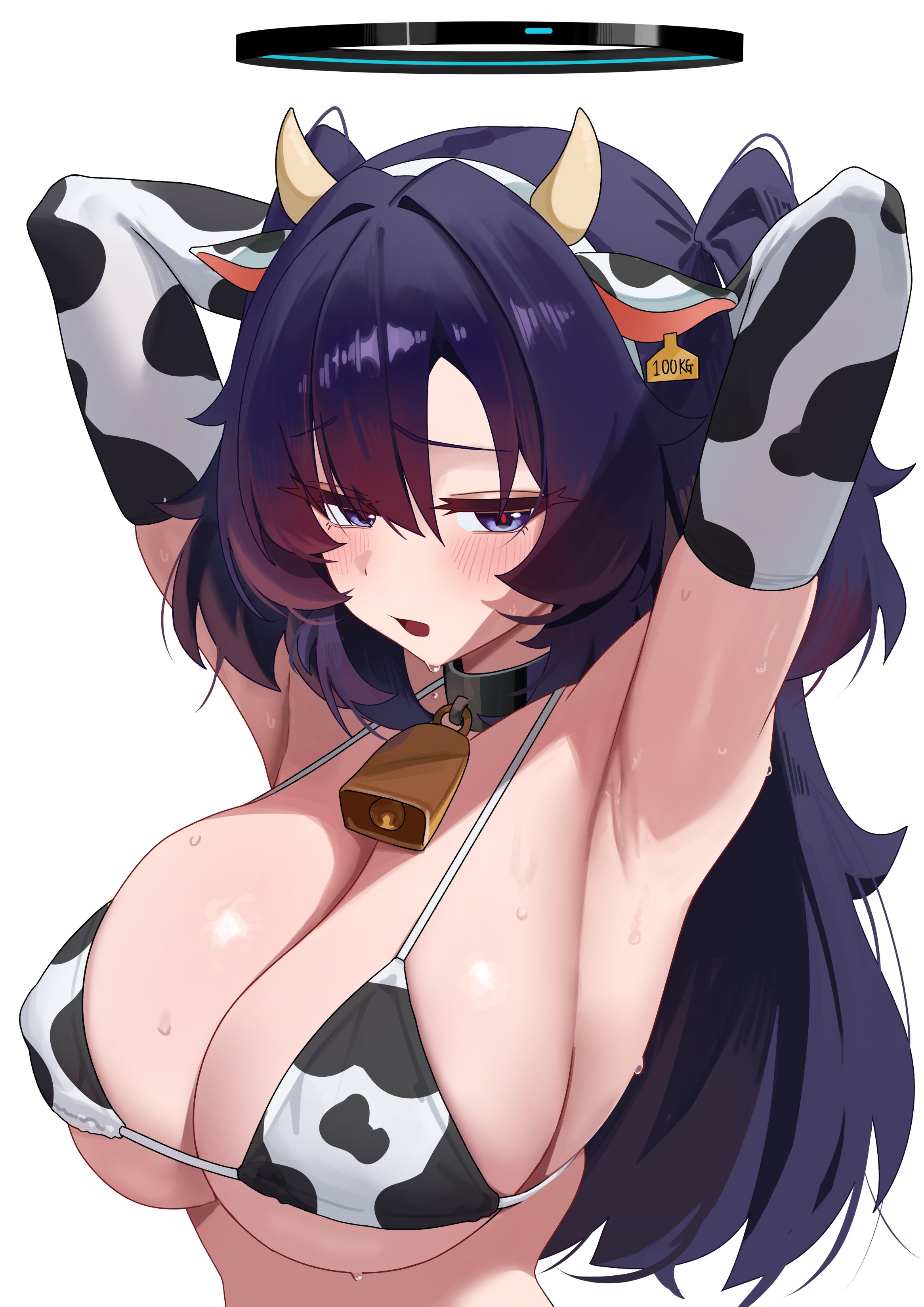mcbox, yuuka (blue archive), blue archive, absurdres, commentary, highres, symbol-only commentary, 1girl, animal ear hairband, animal ears, animal print, arms behind head, arms up, bell, bikini, black halo, blue eyes, blue hair, blush, breasts, cleavage, cow ear hairband, cow ears, cow horns, cow print, cow print bikini, cowbell, elbow gloves, fake animal ears, fake horns, gloves, hairband, halo, horns, huge breasts, long hair, looking at viewer, neck bell, open mouth, print bikini, simple background, solo, sweat, swimsuit, two side up, upper body, white background