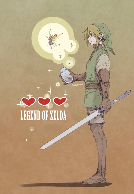 shiroton (kazamineko), link, nintendo, the legend of zelda, 1boy, 1girl, armor, blonde hair, blue dress, boots, bottle, brown background, brown boots, brown gloves, closed mouth, copyright name, dress, elbow pads, fairy, fairy wings, full body, gloves, green hat, green tunic, grey pants, grey shirt, hair between eyes, hat, holding, holding bottle, holding sword, holding weapon, leather armor, light smile, long hair, pants, phrygian cap, pointy ears, profile, shirt, short hair, sparkle, standing, sword, tunic, twitter username, vambraces, weapon, wings