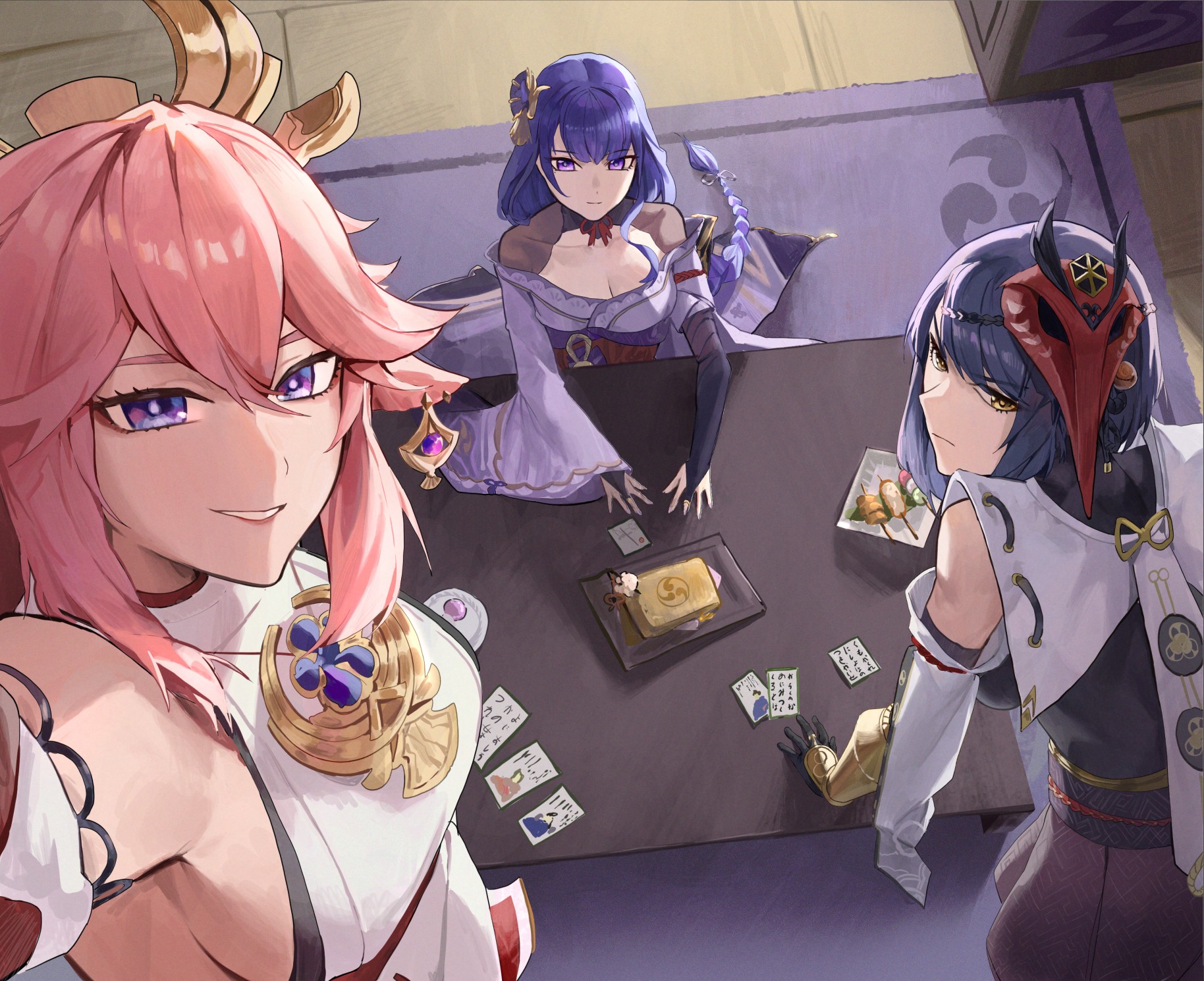yukii91218, kujou sara, raiden shogun, yae miko, genshin impact, highres, animal ears, bird mask, black bodysuit, bodysuit, breasts, card, fan hair ornament, floppy ears, flower, food, fox ears, gloves, hair ornament, japanese clothes, kimono, large breasts, long braid, long hair, low-tied long hair, mask, mask on head, multiple girls, nontraditional miko, pink hair, playing card, purple eyes, purple flower, purple hair, purple kimono, purple nails, red mask, short hair, tarot, tarot card, tengu, yellow eyes