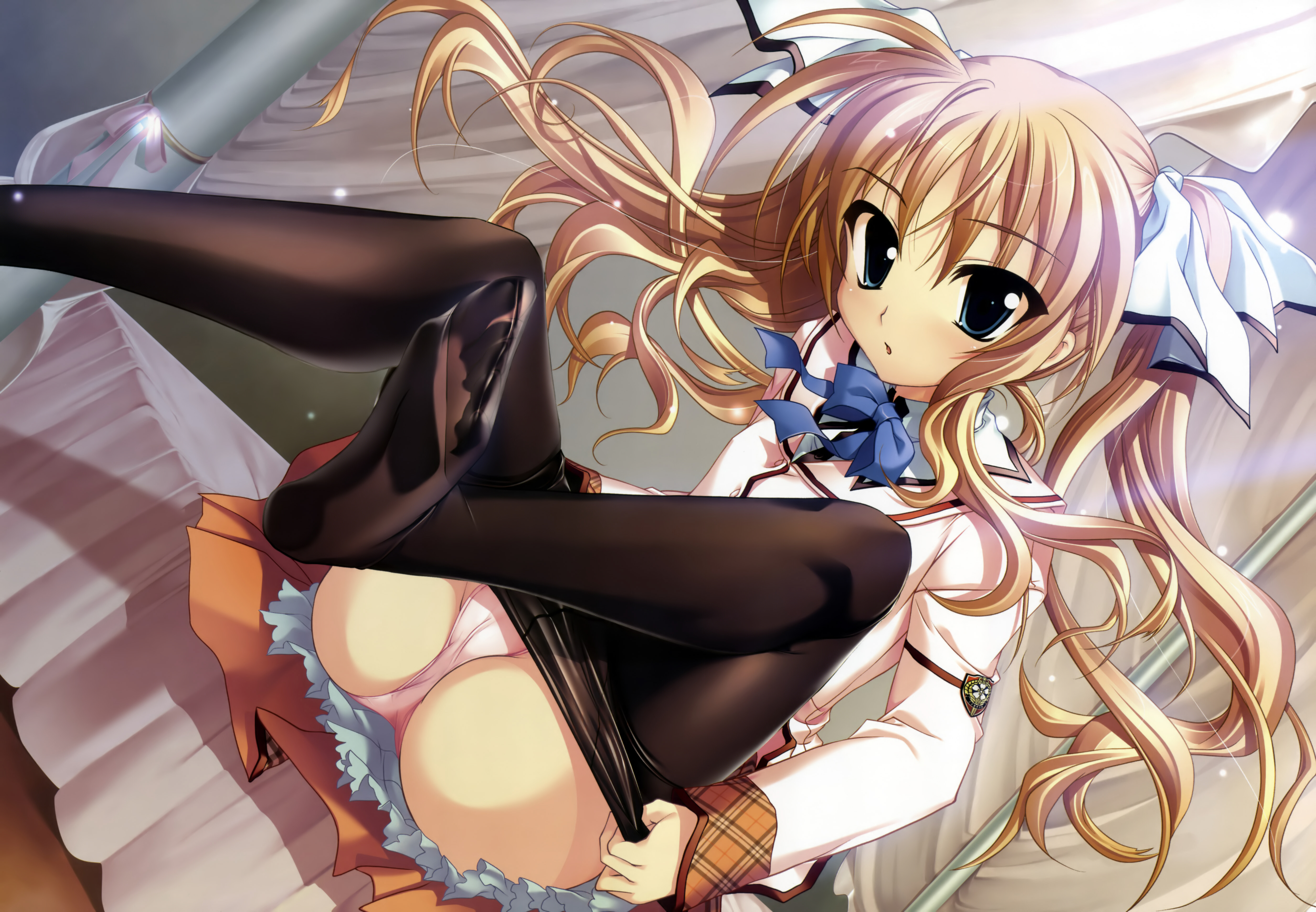 kanna, kanna (plum), lydie de le fehver, sakura tale, absurdres, highres, 1girl, blonde hair, blue eyes, cameltoe, clothes pull, crotch seam, dressing, feet, female focus, hair ribbon, panties, panties under pantyhose, pantyhose, pantyhose pull, ribbon, school uniform, soles, solo, toes, twintails, underwear