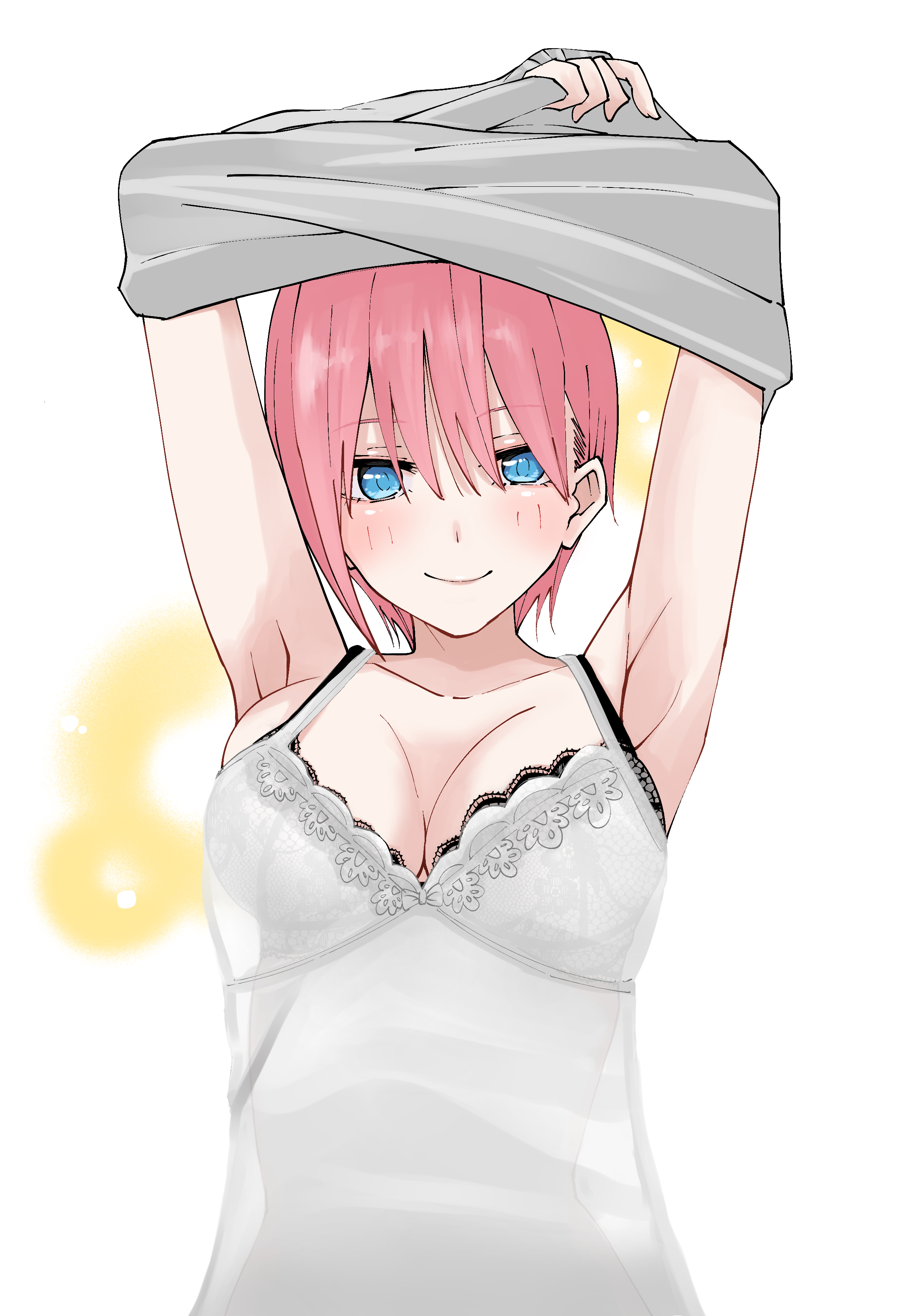 ldeeeeeeeeeejo, nakano ichika, go-toubun no hanayome, absurdres, highres, 1girl, armpits, arms up, black bra, blue eyes, blush, bra, breasts, camisole, cleavage, closed mouth, collarbone, fanged bangs, grey sweater, lace, lace-trimmed bra, lace trim, large breasts, lingerie, looking at viewer, pink hair, see-through silhouette, short hair, smile, solo, sweater, underwear, undressing, white bra, white camisole, yellow background
