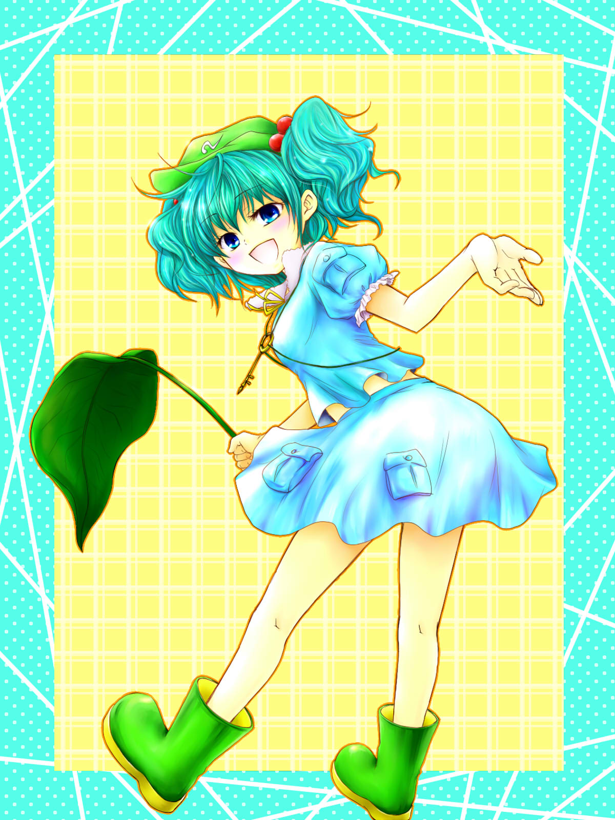 cube (pixiv), kawashiro nitori, touhou, highres, 1girl, blue eyes, blue hair, boots, female focus, green boots, hair bobbles, hair ornament, hat, key, leaf, matching hair/eyes, short hair, solo, twintails, two side up