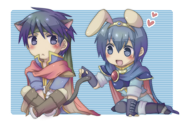 ike (fire emblem), marth (fire emblem), fire emblem, fire emblem: mystery of the emblem, fire emblem: path of radiance, nintendo, super smash bros., bad id, bad pixiv id, 2boys, animal ears, animal hood, blue eyes, blue hair, blush, cape, cat boy, cat ears, cat tail, crossover, gloves, headband, heart, hood, male focus, multiple boys, rabbit hood, smile, tail, tiara