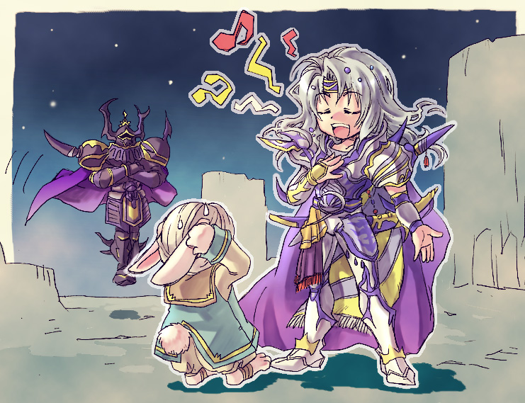 bessend, cecil harvey, golbez, namingway, paladin (final fantasy), final fantasy, final fantasy iv, silver hair, bad id, bad pixiv id, 1990s (style), 3boys, animal ears, armor, bad singing, boots, cape, closed eyes, covering own ears, ears down, floating, hairband, long hair, male focus, moon, multiple boys, music, night, night sky, paladin, rabbit ears, rabbit tail, retro artstyle, singing, sky, sweatdrop, tail, turban, wristband