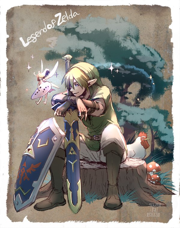 shiroton (kazamineko), link, nintendo, the legend of zelda, 1boy, 1girl, belt buckle, bird, blonde hair, boots, brown boots, brown gloves, buckle, chicken, crossed arms, dress, fairy, fairy wings, fingerless gloves, flying, full body, gloves, green hair, green tunic, hair between eyes, looking at another, master sword, mushroom, pants, parted lips, phrygian cap, pointy ears, scabbard, sheath, shield, short hair, sitting, smile, sparkle, tree stump, tunic, vambraces, white dress, white pants, wings