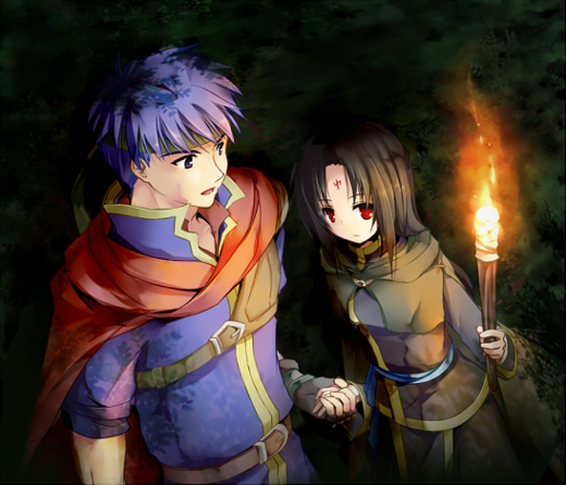 ike (fire emblem), soren (fire emblem), fire emblem, fire emblem: path of radiance, fire emblem: radiant dawn, nintendo, 2boys, androgynous, belt, black hair, blue eyes, blue hair, cape, gloves, headband, holding hands, long hair, male focus, multiple boys, red eyes, torch