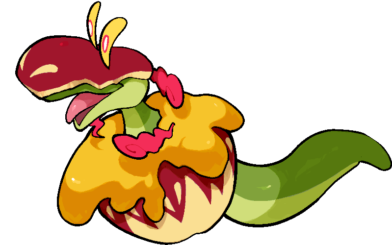 kawaanago, appletun, flapple, gigantamax flapple/appletun, nintendo, pokemon, commentary request, animal focus, apple, dynamax, food, fruit, full body, gen 8 pokemon, gigantamax, no humans, pokemon (creature), pokemon focus, red clouds, solo, tongue, tongue out, transparent background