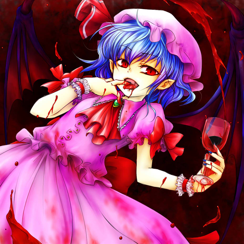cube (pixiv), remilia scarlet, touhou, 1girl, bat wings, blood, blue hair, blue nails, cup, female focus, hat, nail polish, pointy ears, red eyes, short hair, solo, wings