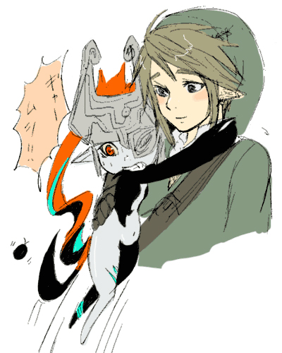 link, midna, nintendo, the legend of zelda, the legend of zelda: twilight princess, lowres, 1boy, 1girl, blue eyes, brown hair, bug, hat, hetero, hug, pointy ears, red eyes, scared