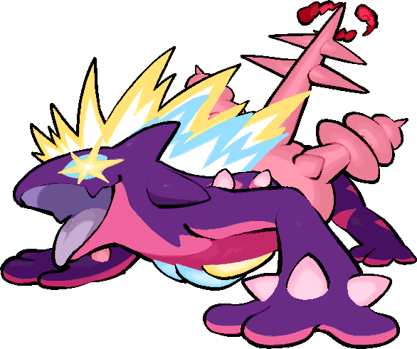kawaanago, gigantamax toxtricity, toxtricity, nintendo, pokemon, commentary request, all fours, dynamax, full body, gen 8 pokemon, gigantamax, pokemon (creature), pokemon focus, red clouds, solo, spikes, tongue, tongue out, transparent background