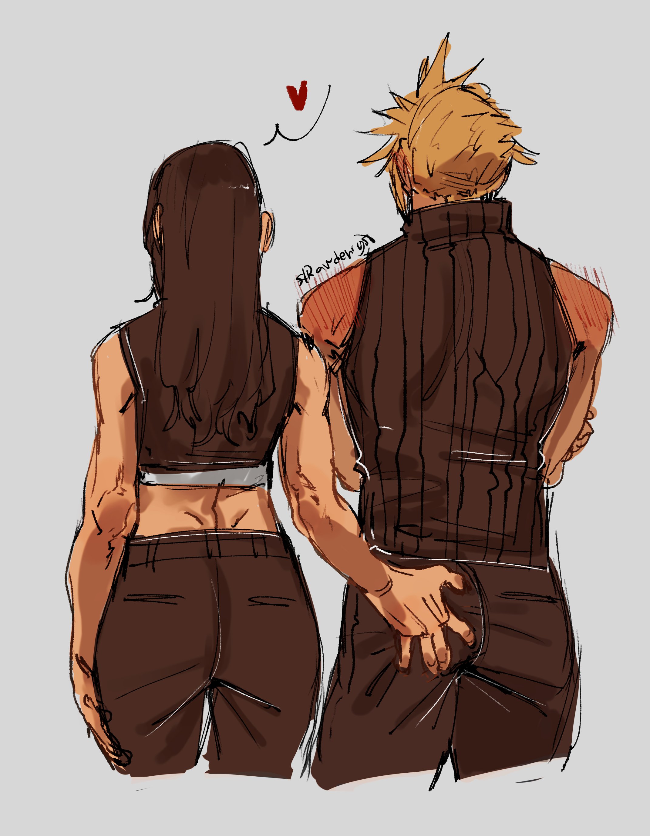 strawderryst, cloud strife, tifa lockhart, final fantasy, final fantasy vii, final fantasy vii advent children, absurdres, commentary, highres, symbol-only commentary, 1boy, 1girl, assertive female, back, bare arms, black hair, black pants, black shirt, blonde hair, blush, cowboy shot, crop top, crossed arms, from behind, grabbing another's ass, groping, heart, high collar, long hair, midriff, pants, shirt, shoulder blush, signature, simple background, sleeveless, sleeveless shirt, speech bubble, spiked hair, standing, tank top