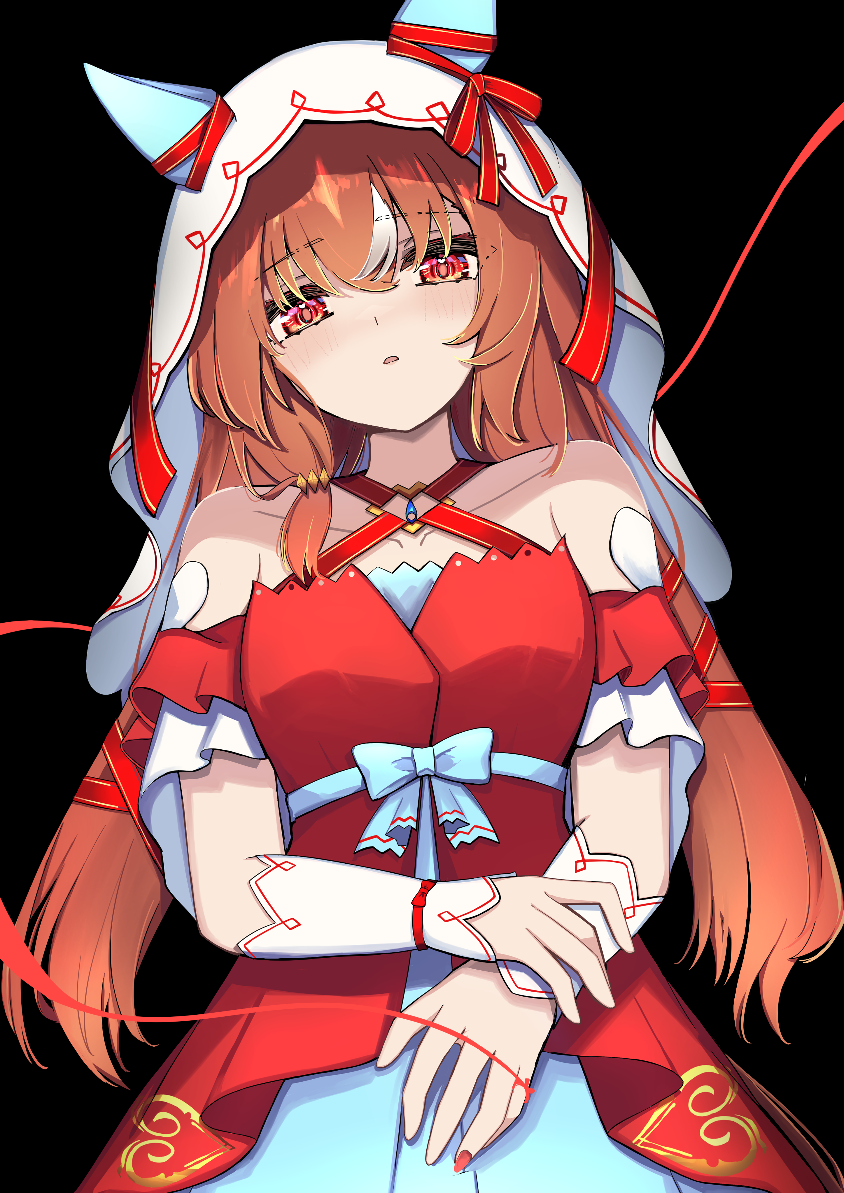 wakaraaan, still in love (umamusume), umamusume, absurdres, commentary request, highres, 1girl, animal ears, black background, blush, breasts, brown hair, collarbone, detached sleeves, fingernails, hair between eyes, hair ornament, horse ears, horse girl, horse tail, long hair, looking at viewer, simple background, small breasts, solo, tail, veil