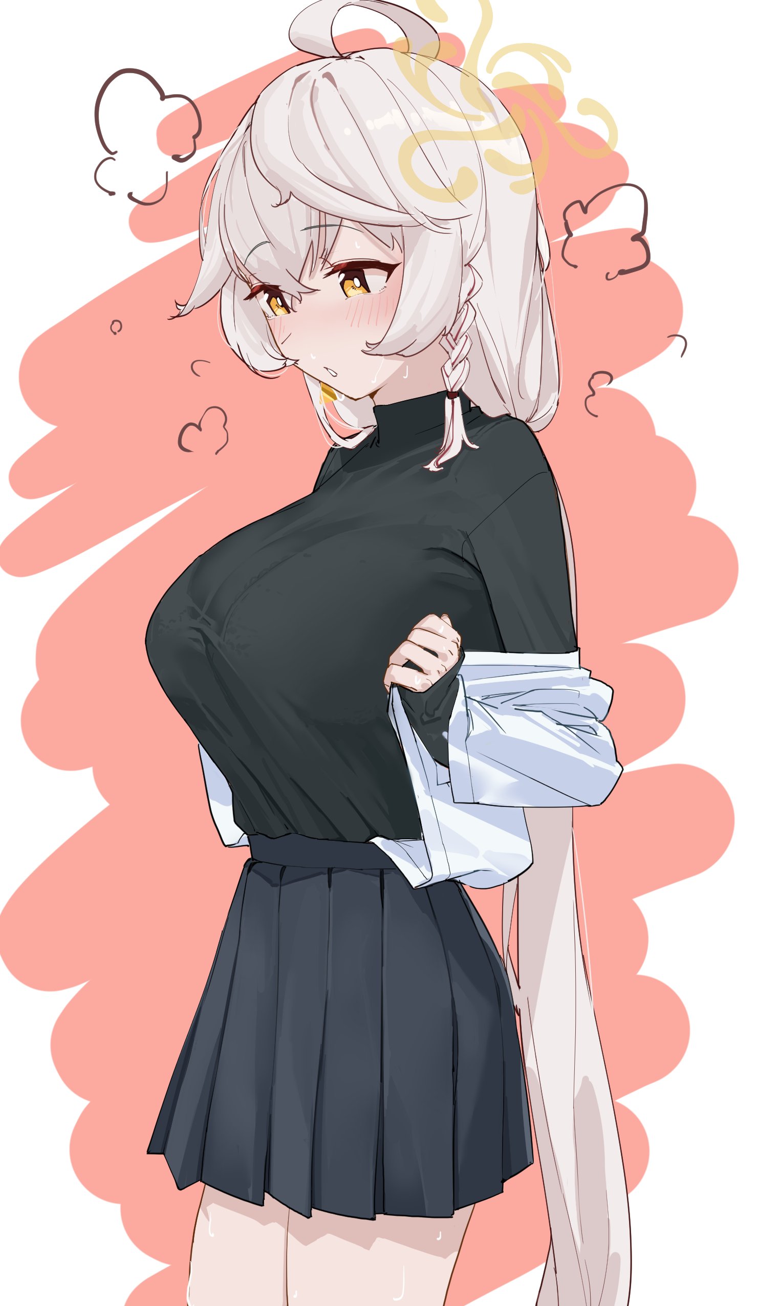 takamaza, blue archive, absurdres, character request, highres, 1girl, ahoge, black scrunchie, black shirt, black skirt, blush, braid, breasts, grey hair, hair between eyes, hair ornament, hair scrunchie, halo, huge breasts, long hair, long sleeves, orange halo, parted lips, pleated skirt, scrunchie, shirt, shirt tucked in, side braid, skirt, sleeves past wrists, solo, steaming body, sweat, turtleneck, turtleneck shirt, undershirt, very long hair, white shirt, yellow eyes