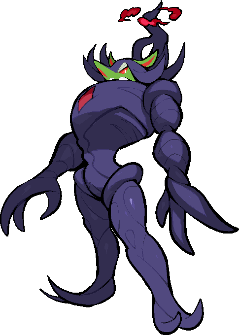 kawaanago, gigantamax grimmsnarl, grimmsnarl, nintendo, pokemon, commentary request, dynamax, full body, gen 8 pokemon, gigantamax, pointy ears, pointy nose, pokemon (creature), pokemon focus, red clouds, solo, standing, transparent background