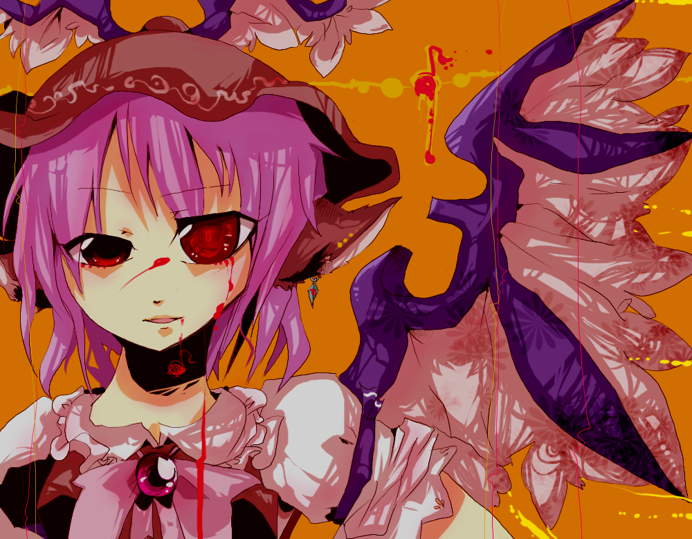 terada tera, mystia lorelei, touhou, bad id, bad pixiv id, 1girl, animal ears, blood, female focus, hat, pink hair, red eyes, short hair, solo, wings