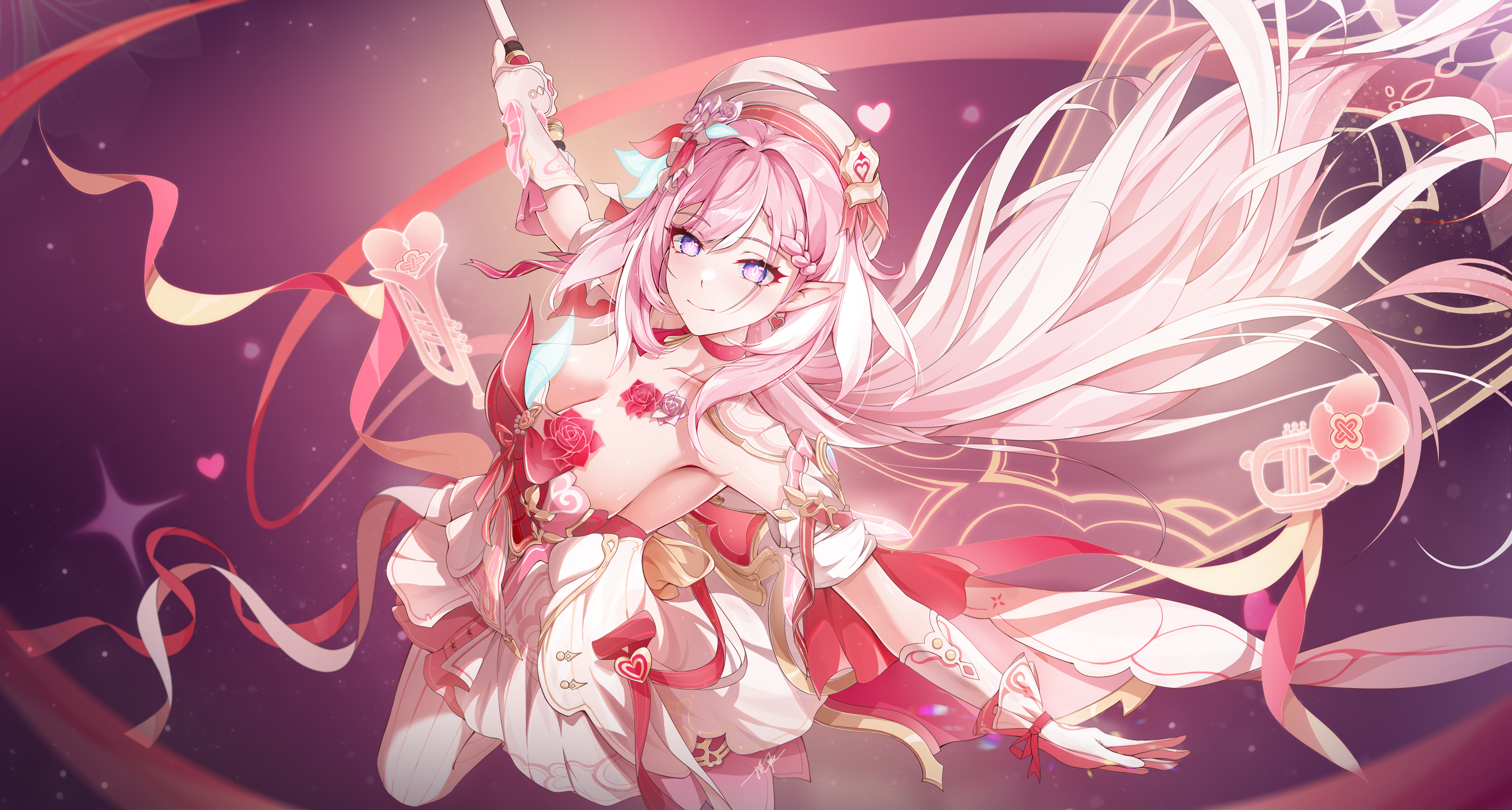 ooo wange, elysia (hi love elf) (honkai impact), elysia (honkai impact), honkai (series), honkai impact 3rd, absurdres, commentary, highres, 1girl, bare shoulders, beret, breasts, cleavage, diamond-shaped pupils, diamond (shape), dress, earrings, elf, gloves, hat, heart, heart earrings, holding ribbon baton, instrument, jewelry, large breasts, long hair, looking at viewer, miyoushe watermark, multicolored hair, pink hair, pointy ears, purple background, purple eyes, red dress, smile, solo, symbol-shaped pupils, trumpet, two-tone dress, two-tone hair, very long hair, watermark, white dress, white gloves, white hair