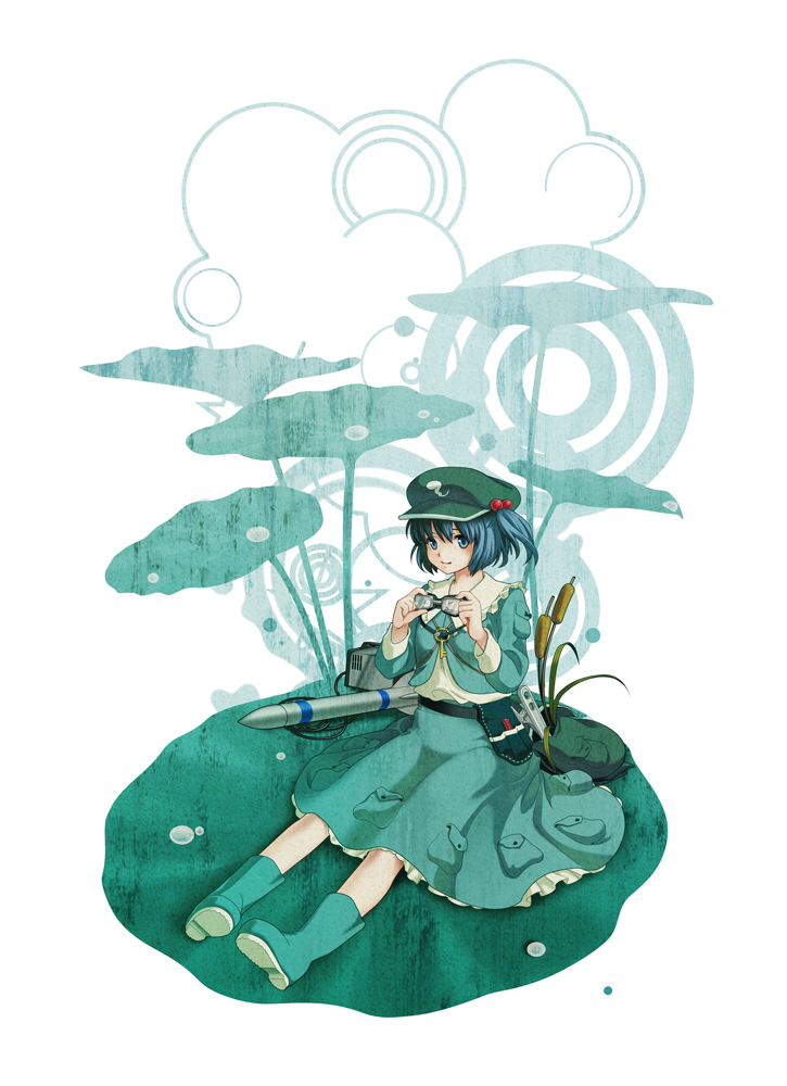 kondou (dioptrie), kawashiro nitori, touhou, bad id, bad pixiv id, 1girl, backpack, bag, blue eyes, blue hair, female focus, goggles, matching hair/eyes, missile, randoseru, short hair, sitting, solo, twintails, two side up