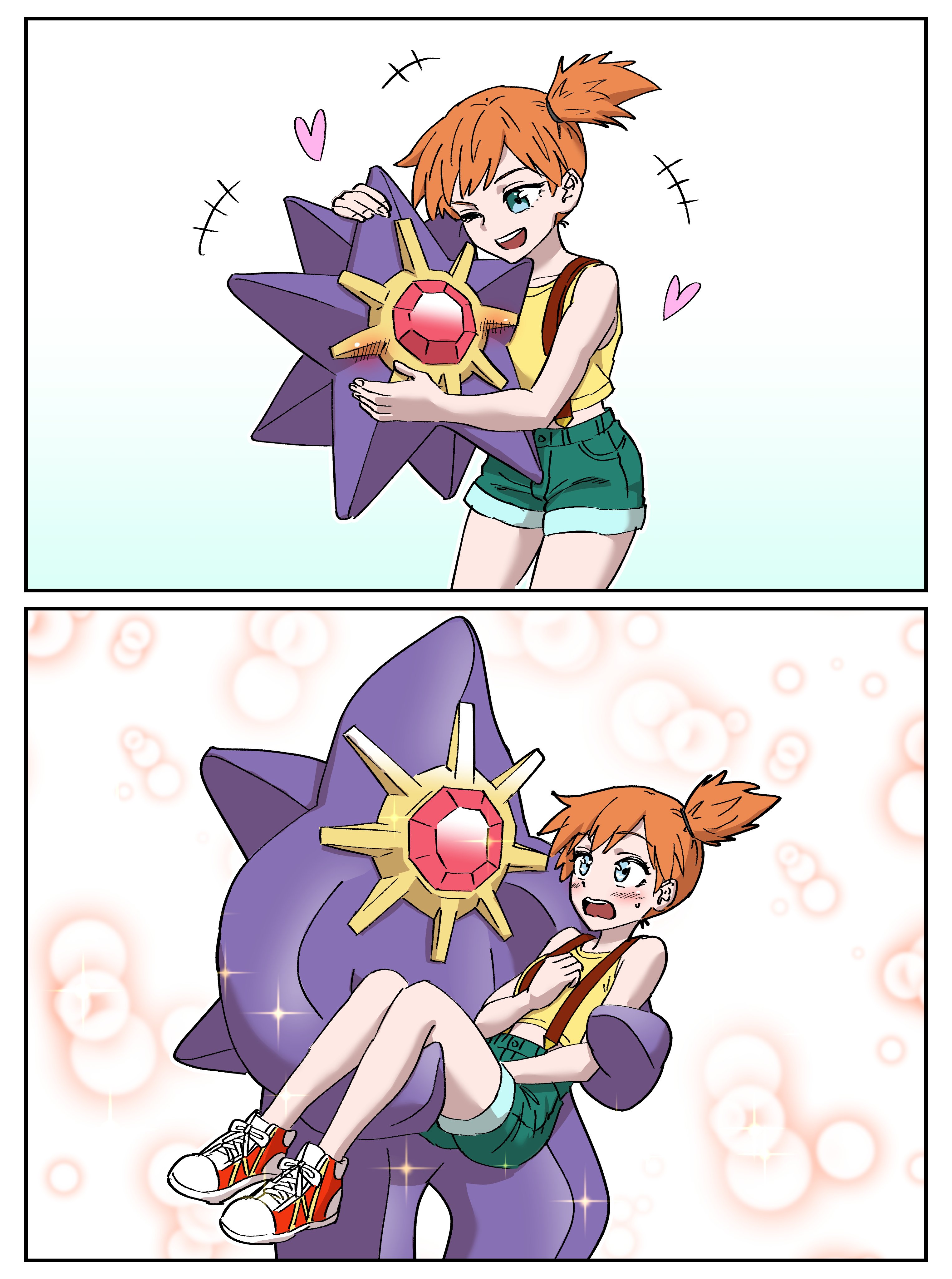 hayashi ko, mega starmie, misty (pokemon), starmie, nintendo, pokemon, pokemon (anime), pokemon (classic anime), pokemon rgby, 1girl, ;d, bare arms, blue eyes, blush, carrying, denim, denim shorts, eyelashes, gen 1 pokemon, green eyes, green shorts, hair tie, holding, holding pokemon, hug, midriff, one eye closed, open mouth, orange hair, pokemon (creature), ponytail, princess carry, shirt, shoes, short hair, short shorts, shorts, side ponytail, sleeveless, sleeveless shirt, smile, sneakers, sparkle, suspender shorts, suspenders, sweatdrop, teeth, upper teeth only, yellow shirt