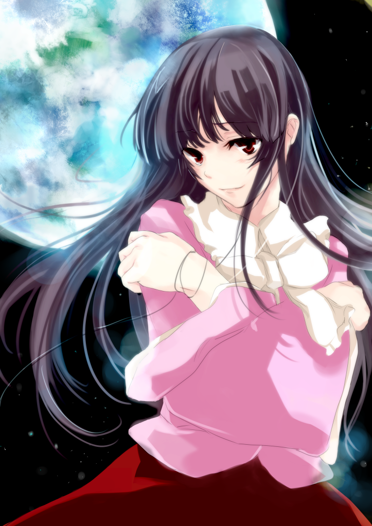mosuke, houraisan kaguya, touhou, 1girl, black hair, earth (planet), female focus, long hair, red eyes, solo, standing
