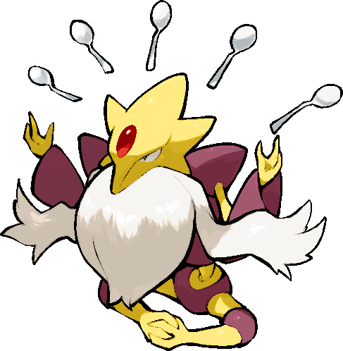kawaanago, alakazam, mega alakazam, nintendo, pokemon, commentary request, lowres, beard, facial hair, forehead jewel, full body, gen 1 pokemon, mega pokemon, pokemon (creature), pokemon focus, solo, spoon, telekinesis, transparent background, white hair