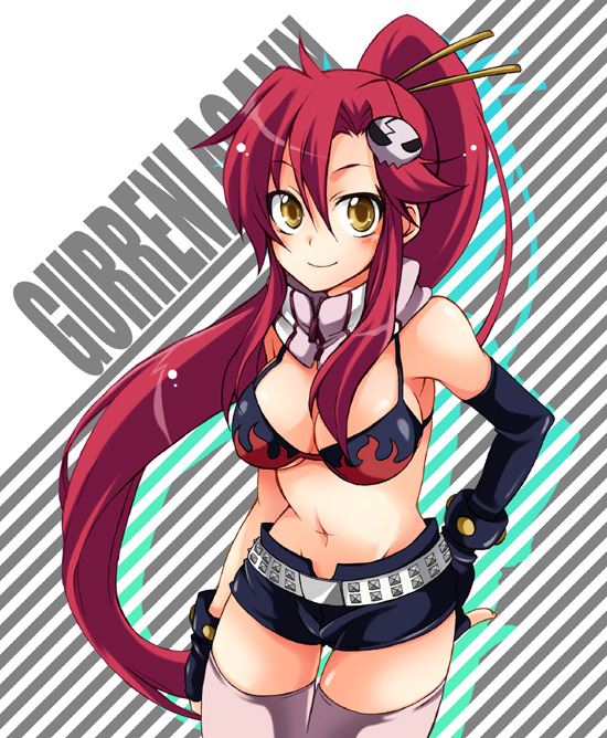 kubyou azami, yoko littner, tengen toppa gurren lagann, 00s, 1girl, belt, bikini, bikini top only, female focus, fingerless gloves, gloves, hair ornament, midriff, pink thighhighs, ponytail, red hair, scarf, shorts, sidelocks, smile, solo, striped clothes, striped scarf, studded belt, swimsuit, thighhighs, yellow eyes
