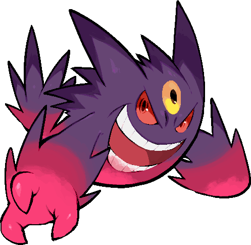 kawaanago, gengar, mega gengar, nintendo, pokemon, commentary request, lowres, gen 1 pokemon, mega pokemon, open mouth, pokemon (creature), pokemon focus, smile, solo, teeth, third eye, transparent background, v-shaped eyes