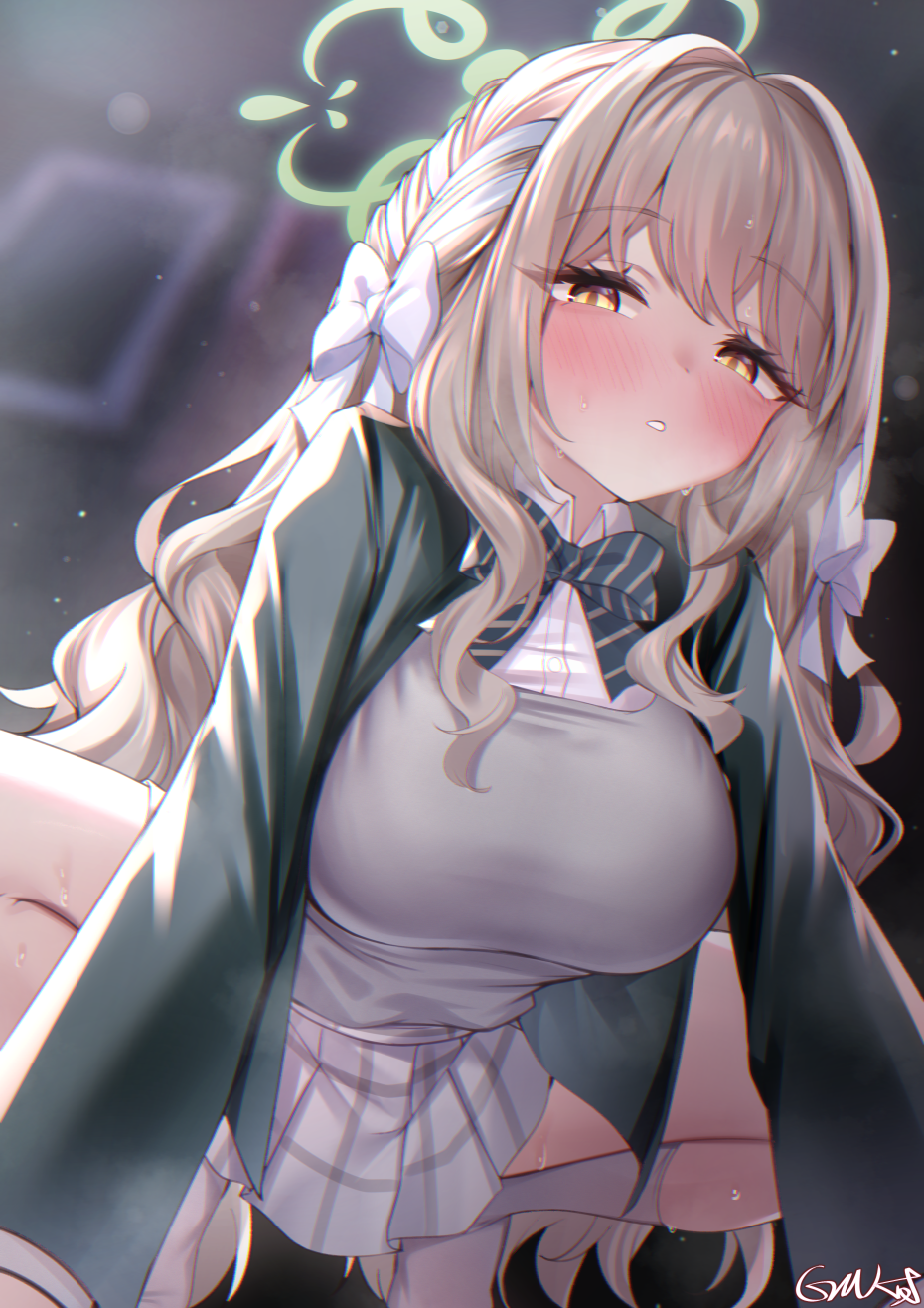 gmkj, miyo (blue archive), blue archive, commentary request, highres, paid reward available, variant set, 1girl, all fours, backlighting, blurry, blurry background, blush, bow, bowtie, braid, breasts, brown hair, collared shirt, diagonal-striped bow, diagonal-striped bowtie, diagonal-striped clothes, from below, green halo, green jacket, grey skirt, grey sweater vest, hair between eyes, hair bow, hair intakes, hair ribbon, halo, jacket, kneehighs, knees out of frame, large breasts, long hair, long sleeves, looking at viewer, looking down, miniskirt, no shoes, open clothes, open jacket, parted lips, plaid clothes, plaid skirt, pleated skirt, ribbon, ribbon braid, school uniform, shirt, side braid, sidelocks, signature, skirt, socks, solo, spread legs, striped bow, striped bowtie, striped clothes, sweat, sweater vest, tiptoes, tsurime, very long hair, wavy hair, white bow, white ribbon, white shirt, white socks, yellow eyes