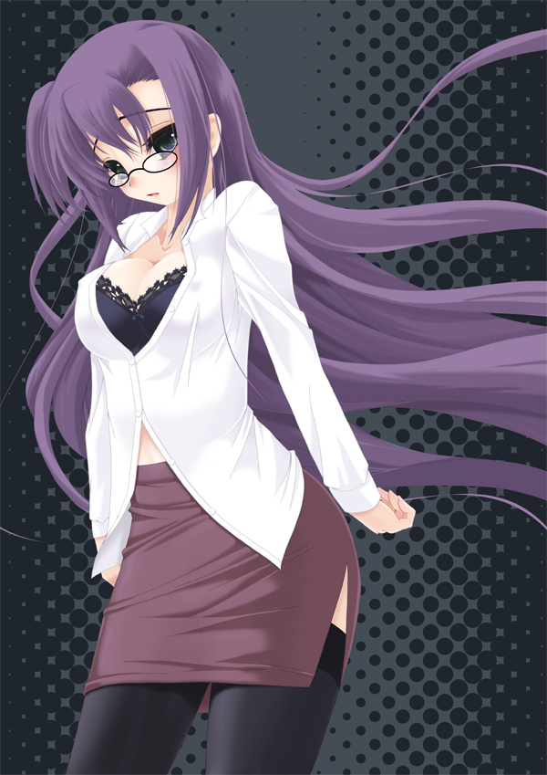 frapowa, ginga nakajima, lyrical nanoha, mahou shoujo lyrical nanoha, mahou shoujo lyrical nanoha strikers, 00s, 1girl, bespectacled, blush, bra, breasts, cleavage, dress shirt, female focus, glasses, lingerie, long hair, pencil skirt, purple eyes, purple hair, see-through clothes, shirt, skirt, solo, thighhighs, thighs, underwear, very long hair