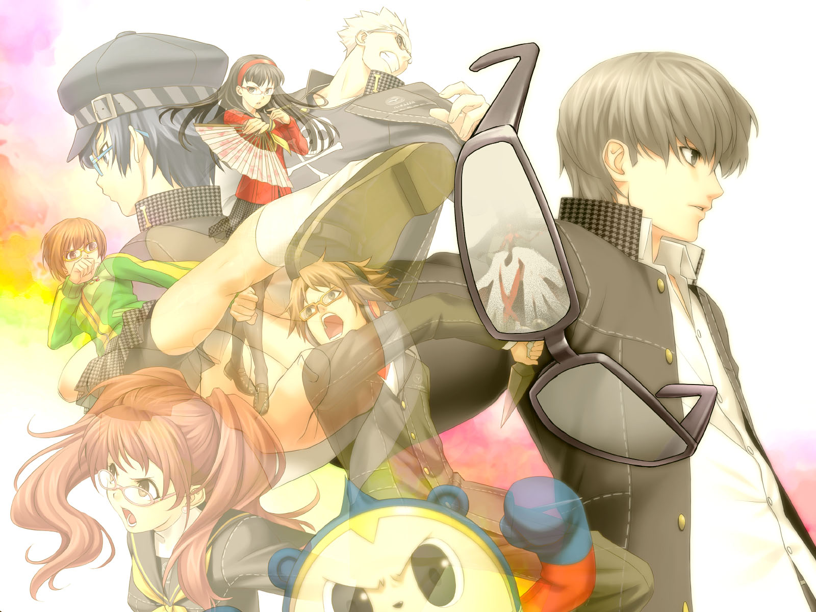 kengou, amagi yukiko, hanamura yousuke, kujikawa rise, kuma (persona 4), narukami yu, satonaka chie, shirogane naoto, tatsumi kanji, atlus, persona, persona 4, duplicate, highres, jpeg artifacts, 3boys, 4girls, glasses, hat, multiple boys, multiple girls, newsboy cap