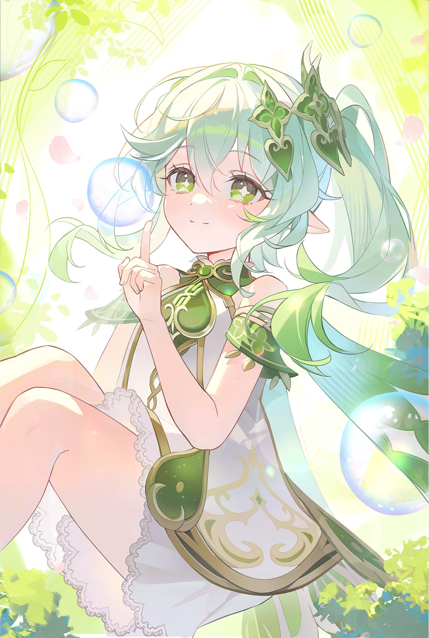 miho (mymiho), nahida (genshin impact), genshin impact, commentary, highres, 1girl, bare shoulders, bloomers, closed mouth, detached sleeves, dress, from side, gold trim, gradient hair, green eyes, green hair, green sleeves, hair between eyes, hair ornament, hand up, invisible chair, long hair, looking at viewer, multicolored hair, pointy ears, side ponytail, sitting, sleeveless, sleeveless dress, solo, star-shaped pupils, star (symbol), symbol-shaped pupils, underwear, white bloomers, white dress, white hair