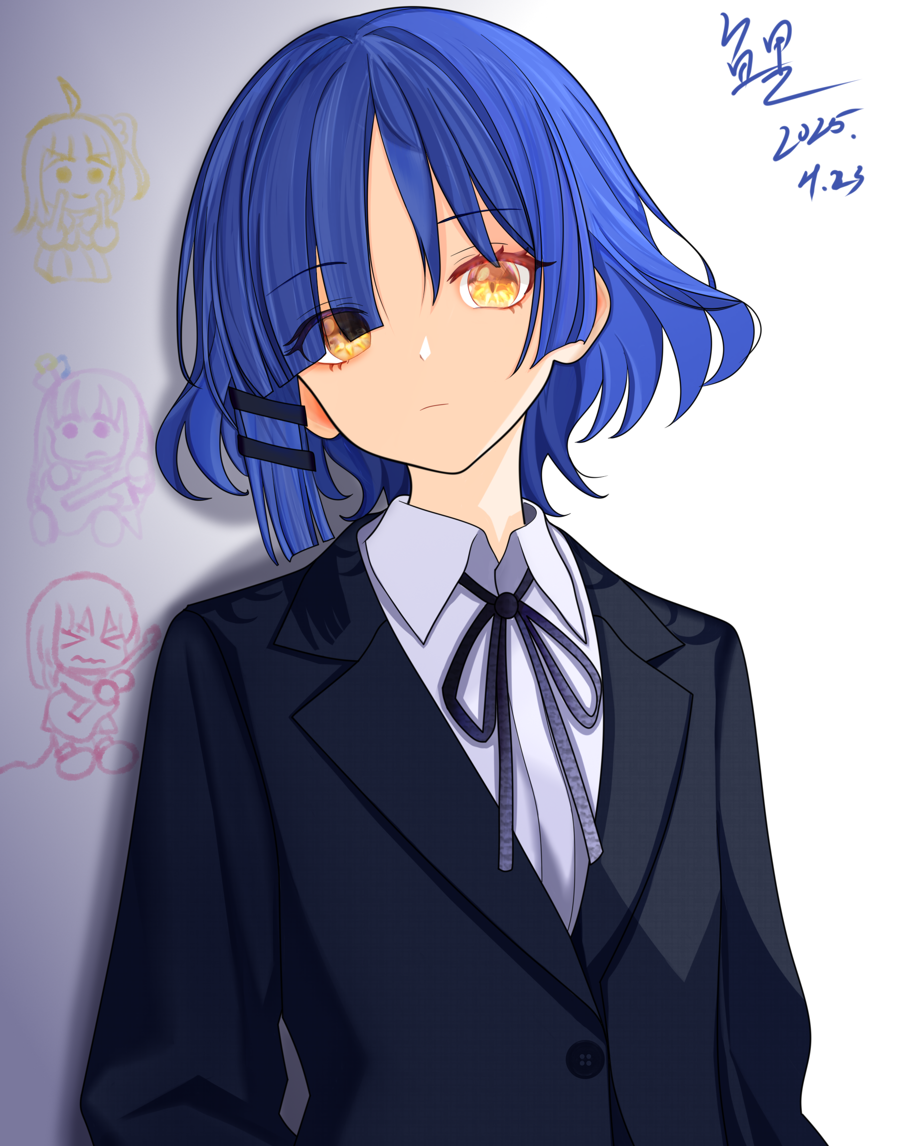 gotoh hitori, ijichi nijika, kita ikuyo, yamada ryo, bocchi the rock!, chinese commentary, commentary request, highres, 1girl, black jacket, blazer, blue hair, closed mouth, collared shirt, dated, doodle inset, expressionless, gradient background, hair ornament, hairclip, jacket, long sleeves, looking at viewer, parallel hairclips, parted bangs, school uniform, shirt, short hair, signature, solo, unee5758, upper body, white shirt, wing collar, yellow eyes