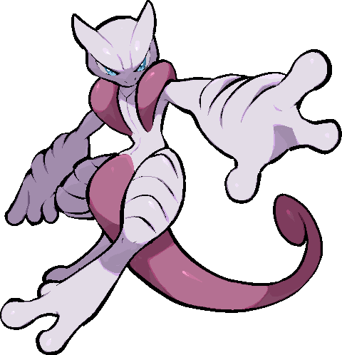 kawaanago, mega mewtwo x, mewtwo, nintendo, pokemon, commentary request, lowres, blue eyes, full body, gen 1 pokemon, legendary pokemon, mega pokemon, nostrils, outstretched arm, pokemon (creature), pokemon focus, solo, transparent background, v-shaped eyes