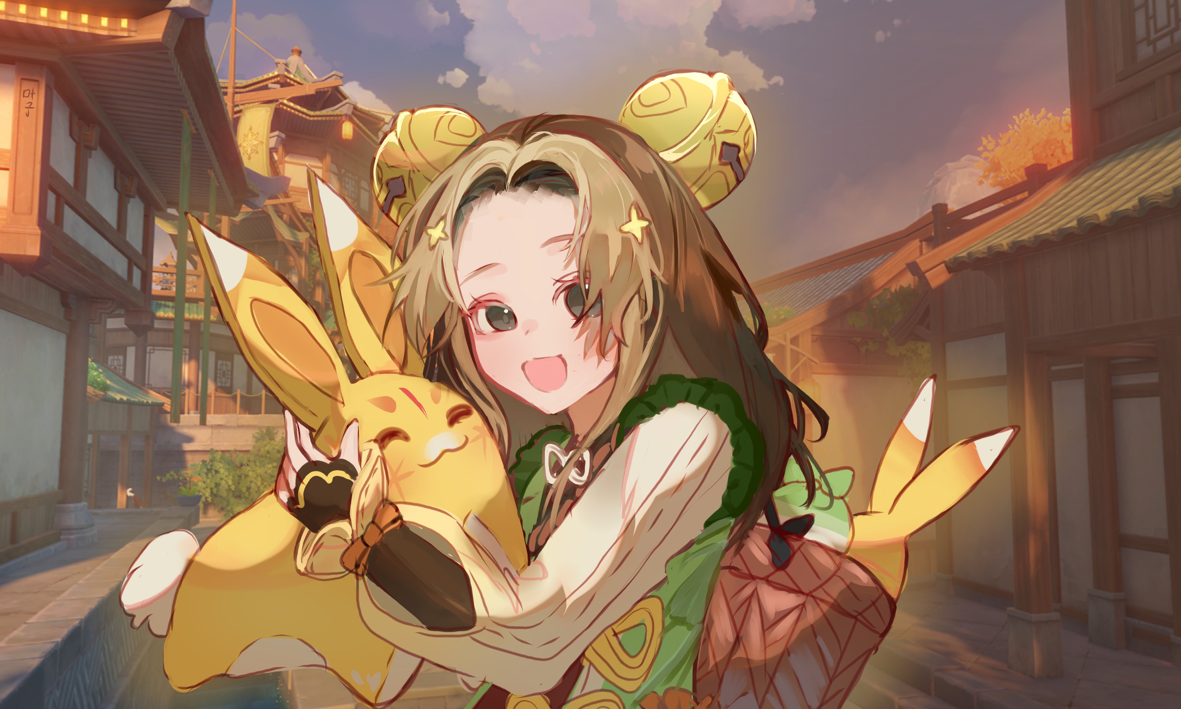kanako (fuwachu), yaoyao (genshin impact), genshin impact, real life, absurdres, commentary, english commentary, highres, 1girl, animification, architecture, backpack basket, banner, basket, bell, blush, bow-shaped hair, brown eyes, brown hair, building, bush, cloud, coin hair ornament, cosplay, dress, east asian architecture, english text, evening, game screenshot background, gradient sleeves, hair bell, hair ornament, holding, holding stuffed toy, in-universe location, jingle bell, kelsey jaffer, long hair, long sleeves, looking at viewer, open mouth, radish, screenshot background, sidelocks, sky, smile, solo, stuffed animal, stuffed rabbit, stuffed toy, tree, upper body, voice actor, voice actor connection, yaoyao (genshin impact) (cosplay)